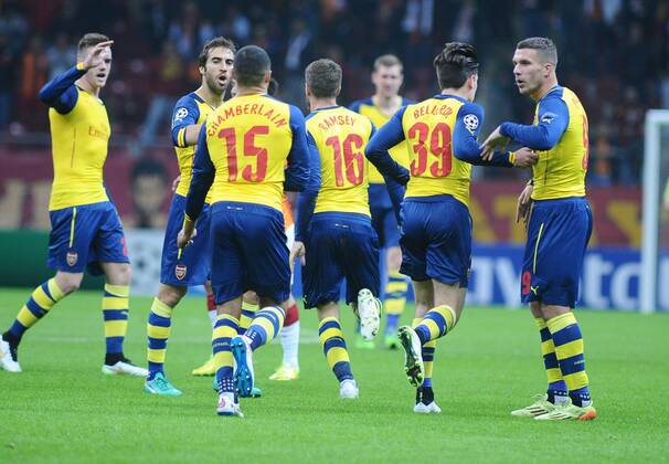 UEFA Champions League Group D match between Galatasaray and Arsenal at Turk Telekom Arena Stadium on December 09, 2014 in Istanbul, Turkey Pictured: Arsenal players celebrates after goal. 