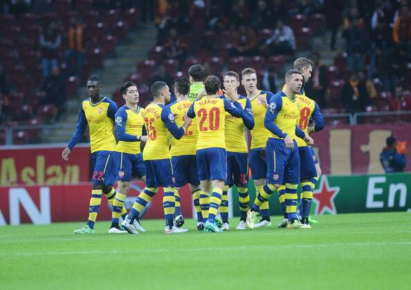 UEFA Champions League Group D match between Galatasaray and Arsenal at Turk Telekom Arena Stadium on December 09, 2014 in Istanbul, Turkey Pictured: Arsenal players celebrates after goal. 