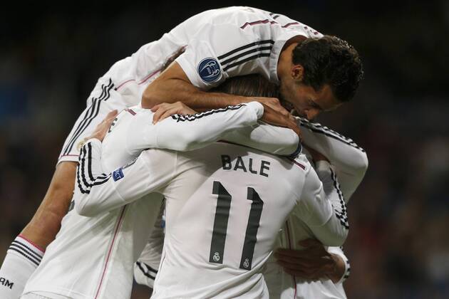 09.12.2014. Madrid, Spain. 7 Cristiano Ronaldo dos Santos Forward of Real Madrid celebrates the goal for 1-0 with Gareth Bale after scoring his team& xb4;s goal. UEFA Champions League group stages. Real Madrid versus Ludogorets Razgrad at Santiago Bernabeu stadium. xEnriquexdexlaxFuentex  ActionPlus11581958
