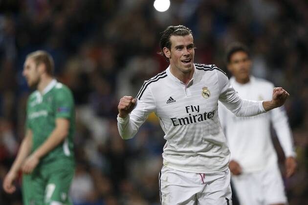 09.12.2014. Madrid, Spain. Gareth Bale Midfielder of Real Madrid celebrates the goal for 2-0 after scoring his team& xb4;s goal. UEFA Champions League group stages. Real Madrid versus Ludogorets Razgrad at Santiago Bernabeu stadium. xEnriquexdexlaxFuentex  ActionPlus11581963
