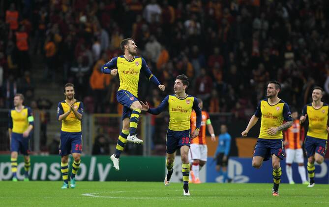 UEFA Champions League Group D match between Galatasaray and Arsenal at Turk Telekom Arena Stadium on December 09, 2014 in Istanbul, Turkey Pictured: Arsenal player Aaron Ramsey celebrates after him goal. 