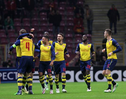 UEFA Champions League Group D match between Galatasaray and Arsenal at Turk Telekom Arena Stadium on December 09, 2014 in Istanbul, Turkey Pictured: Arsenal players celebrates after goal. 