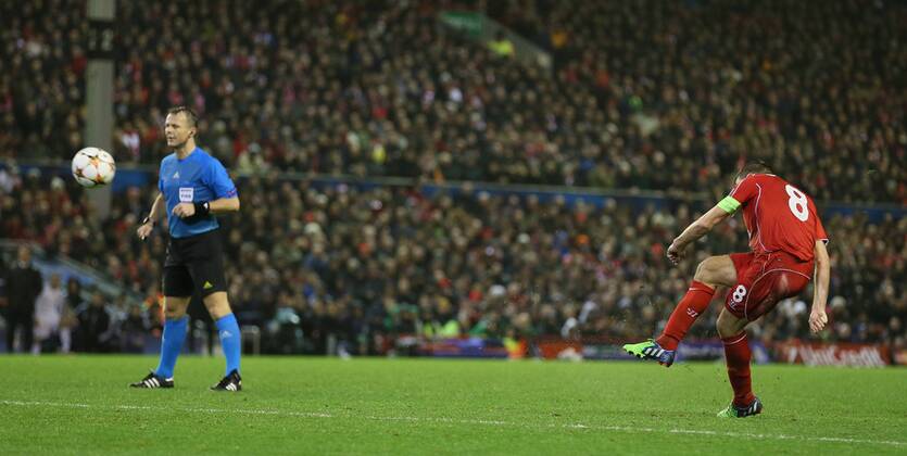 Steven Gerrard of Liverpool scores the equalising goal from a free kick - UEFA Champions League group B - Liverpool vs Basel - Anfield Stadium - Liverpool - England - 9th December 2014 - Picture Simon Bellis Sportimage EDITORIAL USE ONLY. No use with unauthorised audio, video, data, fixture lists, club league logos or live services. Online in-match use limited to 120 images, no video emulation. No use in betting, games or single club league player publications.