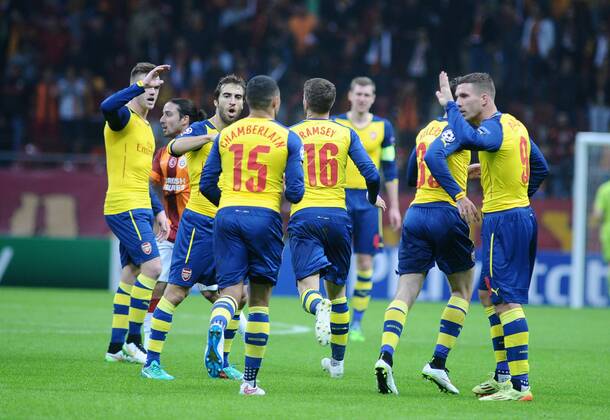 UEFA Champions League Group D match between Galatasaray and Arsenal at Turk Telekom Arena Stadium on December 09, 2014 in Istanbul, Turkey Pictured: Arsenal players celebrates after goal. 