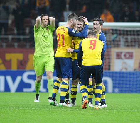 UEFA Champions League Group D match between Galatasaray and Arsenal at Turk Telekom Arena Stadium on December 09, 2014 in Istanbul, Turkey Pictured: Arsenal players celebrates after goal. 