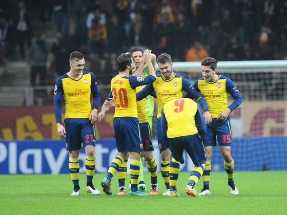 UEFA Champions League Group D match between Galatasaray and Arsenal at Turk Telekom Arena Stadium on December 09, 2014 in Istanbul, Turkey Pictured: Arsenal players celebrates after goal. 