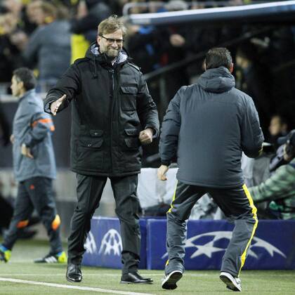 Trainer Juergen Klopp (Borussia Dortmund) beim Torjubel nach dem Treffer zum 1:0 mit dem Dolmetscher von Ciro Immobile (Borussia Dortmund 9) Borussia Dortmund vs RSC Anderlecht, Fussbal, Champions League, 09.12.2014 , EP_JSE