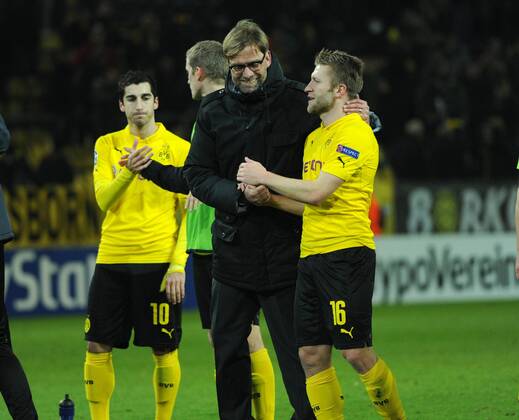 09.12.2014, Fussball, Saison 2014 15, UEFA Champions League, Vorrunde, Borussia Dortmund - RSC Anderlecht Trainer Juergen Klopp, Jürgen Klopp (Borussia Dortmund), mi., mit Jakub Kuba Blaszczykowski (Borussia Dortmund), re.