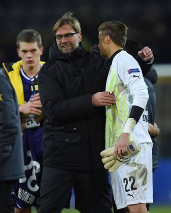 09.12.2014, Fussball, Saison 2014 15, UEFA Champions League, Vorrunde, Borussia Dortmund - RSC Anderlecht Trainer Juergen Klopp, Jürgen Klopp (Borussia Dortmund), li., mit Torwart Mitchell Langerak (Borussia Dortmund)