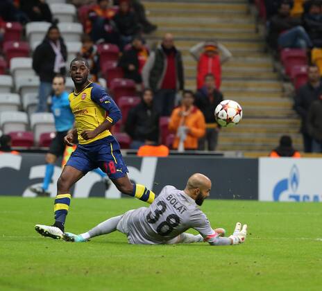 UEFA Champions League Group D match between Galatasaray and Arsenal at Turk Telekom Arena Stadium on December 09, 2014 in Istanbul, Turkey Pictured: Goalkeeper Sinan Bolat of Galatasaray and Joel Campbell of Arsenal. 