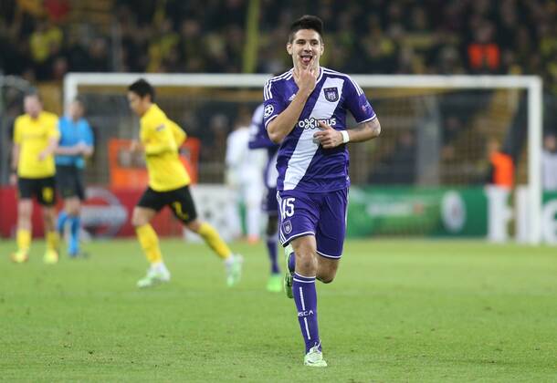 - DORTMUND, GERMANY: Anderlecht s Alexandar Mitrovic celebrates after scoring during a soccer game between German team Borussia Dortmund and Belgium s RSC Anderlecht, Tuesday 09 December 2014 in Dortmund, Germany, on the sixth and last day of the group stage of the UEFA Champions League competition, in the group D VIRGINIExLEFOUR  x04518501x