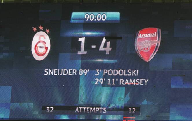 Aktuell Fußball, Champions League, Galatasaray Istanbul - FC Arsenal UEFA Champions League Group D match between Galatasaray and Arsenal at Turk Telekom Arena Stadium on December 09, 2014 in Istanbul, Turkey . Score: Galatasaray 1 - Arsenal 4 Pictured: Scoreboard 