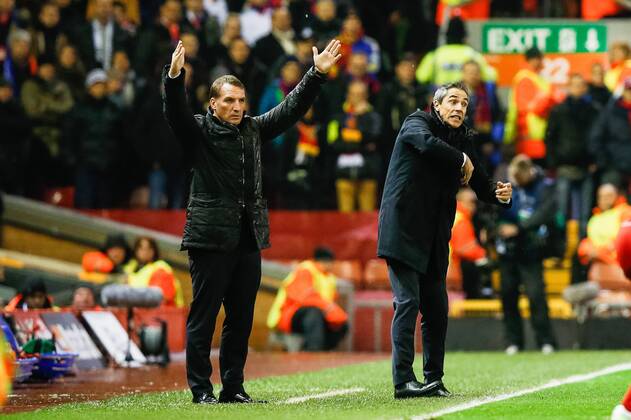 Aktuell Fußball, Champions League, FC Liverpool - FC Basel (L-R) Brendan Rogers (Liverpool), Paulo Sousa (Basel), DECEMBER 9, 2014 - Football Soccer : (L-R) Liverpool manager Brendan Rogers and FC Basel Manager Paulo Sousa during the UEFA Champions League Group Stage match between Liverpool and FC Basel at Anfield in Liverpool, England.  (mdga004962)