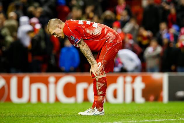 Aktuell Fußball, Champions League, FC Liverpool - FC Basel Martin Skrtel (Liverpool), DECEMBER 9, 2014 - Football Soccer : Martin Skrtel of Liverpool reacts at the final whistle during the UEFA Champions League Group Stage match between Liverpool and FC Basel at Anfield in Liverpool, England.  (mdga004966)