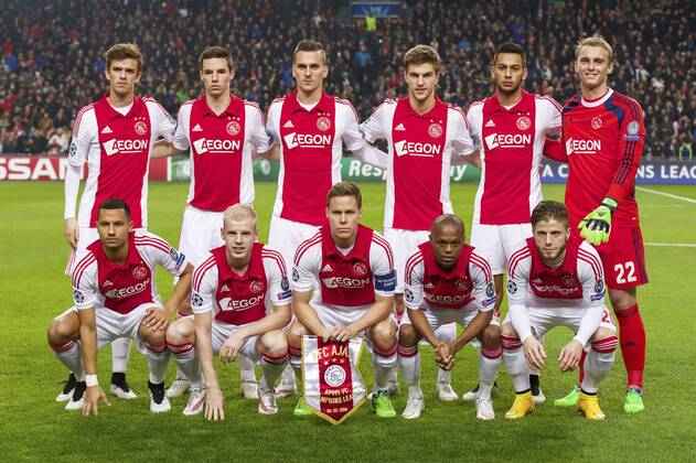 (Top Row L-R) Lucas Andersen of Ajax, Nick Viergever of Ajax, Arkadiusz Milik of Ajax, Joel Veltman of Ajax, Ricardo Kishna of Ajax, goalkeeper Jasper Cillessen of Ajax (Front row L-R) Ricardo van Rhijn of Ajax, Davy Klaassen of Ajax, Niklas Moisander of Ajax, Thulani Serero of Ajax, Lasse Schone of Ajax during the UEFA Champions League group F match between Ajax Amsterdam and on December 10, 2014 at the Amsterdam Arena in Amsterdam, The Netherlands. Ajax Amsterdam UEFA Champions League Group F 2014 2015 xVIxxIVx 3344862