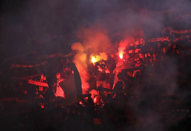 Champions League, AS Rom fans light flares UEFA Champions League EDITORIAL USE ONLY. No use with unauthorised audio, video, data, fixture lists, club league logos or live services. Online in-match use limited to 120 images, no video emulation. No use in betting, games or single club league player publications.