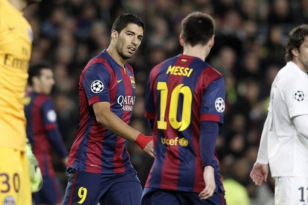 FC Barcelona Barca s Luis Suarez (l) and Leo Messi during Champions League 2014 2015 match.December 10,2014.  (2014121024)