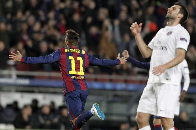 FC Barcelona Barca s Neymar Jr celebrates goal in presence of Paris Saint-Germain s Thiago Motta during Champions League 2014 2015 match.December 10,2014.  (2014121029)