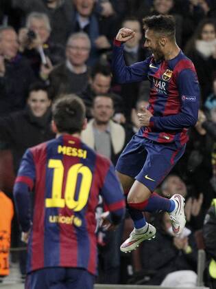FC Barcelona Barca s Neymar Jr (r) and Leo Messi celebrate goal during Champions League 2014 2015 match.December 10,2014.  (2014121031)