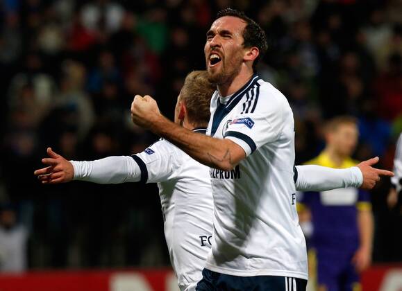 SOCCER - CL, Maribor vs Schalke MARIBOR,SLOVENIA,10.DEC.14 - SOCCER - UEFA Champions League, group stage, NK Maribor vs FC Schalke 04. Image shows the rejoicing of Christian Fuchs (Schalke).