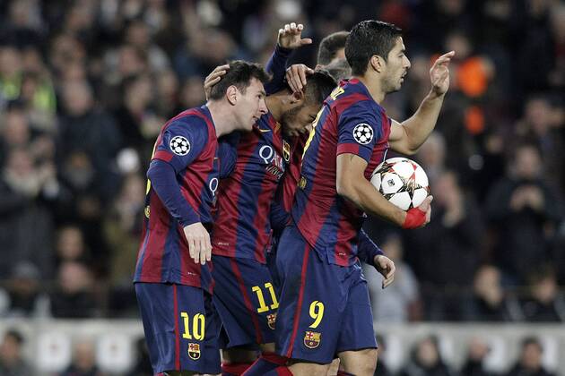 FC Barcelona Barca s Leo Messi, Neymar Jr and Luis Suarez celebrate goal during Champions League 2014 2015 match.December 10,2014.  (2014121008)