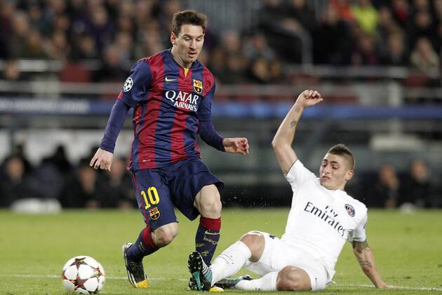 FC Barcelona Barca s Leo Messi (l) and Paris Saint-Germain s Marco Verratti during Champions League 2014 2015 match.December 10,2014.  (2014121010)