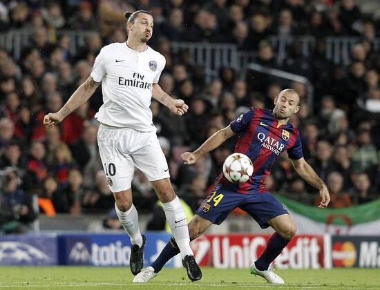 FC Barcelona Barca s Javier Mascherano (r) and Paris Saint-Germain s Zlatan Ibrahimovic during Champions League 2014 2015 match.December 10,2014.  (2014121018)