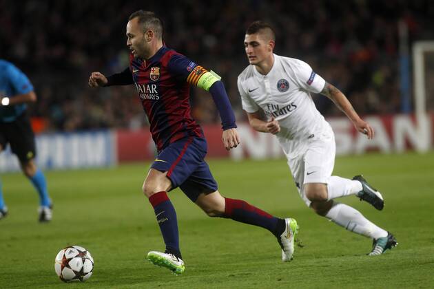 Aktuell Fussball, Champions League, FC Barcelona - Paris St. Germain Champions League match between Barcelona and PSG. In this picture, Andres Iniesta and Marco Verratti. xFRANCESCxADELANTADOx 