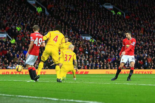 Robin van Persie of Manchester United ManU sends a chance just wide of goal - Manchester United vs. Liverpool - Barclay s Premier League - Old Trafford - Manchester - 14 12 2014 Pic Philip Oldham Sportimage EDITORIAL USE ONLY. No use with unauthorised audio, video, data, fixture lists, club league logos or live services. Online in-match use limited to 120 images, no video emulation. No use in betting, games or single club league player publications.