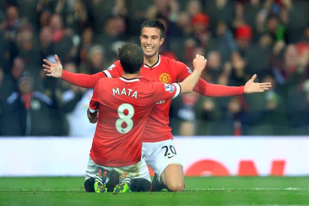 Aktuell Fußball, England, Premier League, Manchester United - FC Liverpool Robin van Persie of Manchester United ManU celebrates scoring his sides third goal - Manchester United vs. Liverpool - Barclay s Premier League - Old Trafford - Manchester - 14 12 2014 Pic Philip Oldham Sportimage EDITORIAL USE ONLY. No use with unauthorised audio, video, data, fixture lists, club league logos or live services. Online in-match use limited to 120 images, no video emulation. No use in betting, games or single club league player publications.