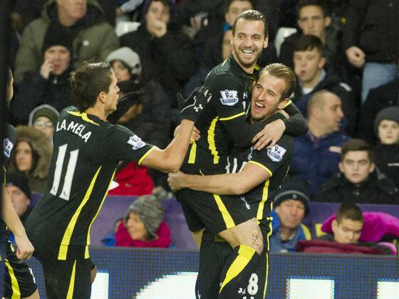 Football - 2014 2015 Premier League - Swansea City vs. Tottenham Hotspur Harry Kane of Tottenham Hotspurs celebrates scoring at The Liberty Stadium. COLORSPORT WINSTON BYNORTH