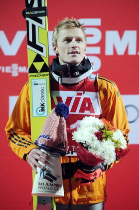 NIZHNY TAGIL, RUSSIA. DECEMBER 14, 2014. Germany s Severin Freund celebrates winning gold in the Large Hill Individual competition as part of the 8th World Cup event of the FIS Ski jumping Skispringen Ski nordisch World Cup at Aist ski jumping complex. Donat Sorokin TASS  RE157B3D