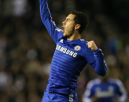 Eden Hazard of Chelsea jumps up to celebrate scoring the first goal - Capital One Cup Quarter Final - Derby vs Chelsea - iPro Stadium - Derby - England - 16th December 2014 - Picture Simon Bellis Sportimage EDITORIAL USE ONLY. No use with unauthorised audio, video, data, fixture lists, club league logos or live services. Online in-match use limited to 120 images, no video emulation. No use in betting, games or single club league player publications.