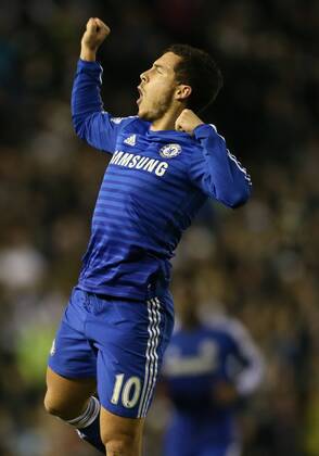 Eden Hazard of Chelsea jumps up to celebrate scoring the first goal - Capital One Cup Quarter Final - Derby vs Chelsea - iPro Stadium - Derby - England - 16th December 2014 - Picture Simon Bellis Sportimage EDITORIAL USE ONLY. No use with unauthorised audio, video, data, fixture lists, club league logos or live services. Online in-match use limited to 120 images, no video emulation. No use in betting, games or single club league player publications.