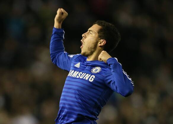 Eden Hazard of Chelsea jumps up to celebrate scoring the first goal - Capital One Cup Quarter Final - Derby vs Chelsea - iPro Stadium - Derby - England - 16th December 2014 - Picture Simon Bellis Sportimage EDITORIAL USE ONLY. No use with unauthorised audio, video, data, fixture lists, club league logos or live services. Online in-match use limited to 120 images, no video emulation. No use in betting, games or single club league player publications.