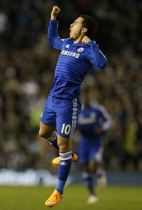 Eden Hazard of Chelsea jumps up to celebrate scoring the first goal - Capital One Cup Quarter Final - Derby vs Chelsea - iPro Stadium - Derby - England - 16th December 2014 - Picture Simon Bellis Sportimage EDITORIAL USE ONLY. No use with unauthorised audio, video, data, fixture lists, club league logos or live services. Online in-match use limited to 120 images, no video emulation. No use in betting, games or single club league player publications.