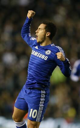 Eden Hazard of Chelsea jumps up to celebrate scoring the first goal - Capital One Cup Quarter Final - Derby vs Chelsea - iPro Stadium - Derby - England - 16th December 2014 - Picture Simon Bellis Sportimage EDITORIAL USE ONLY. No use with unauthorised audio, video, data, fixture lists, club league logos or live services. Online in-match use limited to 120 images, no video emulation. No use in betting, games or single club league player publications.