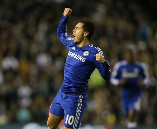 Eden Hazard of Chelsea jumps up to celebrate scoring the first goal - Capital One Cup Quarter Final - Derby vs Chelsea - iPro Stadium - Derby - England - 16th December 2014 - Picture Simon Bellis Sportimage EDITORIAL USE ONLY. No use with unauthorised audio, video, data, fixture lists, club league logos or live services. Online in-match use limited to 120 images, no video emulation. No use in betting, games or single club league player publications.