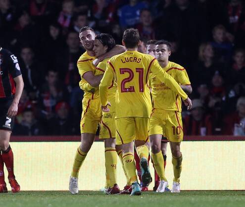 Liverpool s Lazar Markovic celebrates scoring his sides opening goal Capital One Cup- Bournemouth vs Liverpool - Goldsands Stadium - England - 17th December 2014 - Picture David Klein Sportimage EDITORIAL USE ONLY. No use with unauthorised audio, video, data, fixture lists, club league logos or live services. Online in-match use limited to 120 images, no video emulation. No use in betting, games or single club league player publications.