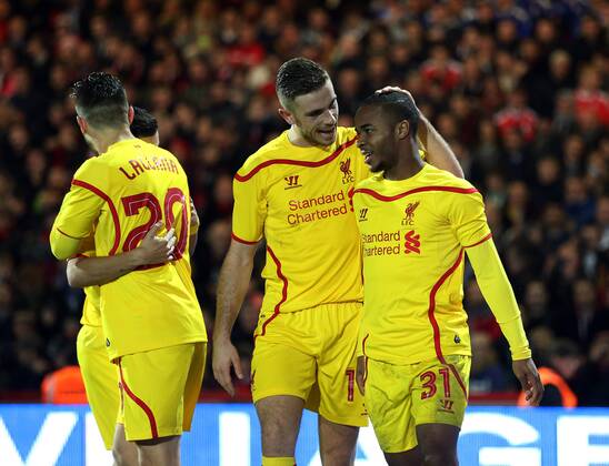 Liverpool s Raheem Sterling celebrates scoring his sides third goal Capital One Cup- Bournemouth vs Liverpool - Goldsands Stadium - England - 17th December 2014 - Picture David Klein Sportimage EDITORIAL USE ONLY. No use with unauthorised audio, video, data, fixture lists, club league logos or live services. Online in-match use limited to 120 images, no video emulation. No use in betting, games or single club league player publications.