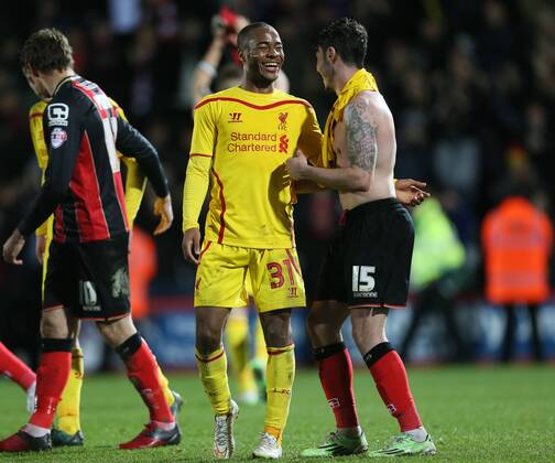 Liverpool s Raheem Sterling celebrates at the final whistle Capital One Cup- AFC Bournemouth - FC Liverpool EDITORIAL USE ONLY. No use with unauthorised audio, video, data, fixture lists, club league logos or live services. Online in-match use limited to 120 images, no video emulation. No use in betting, games or single club league player publications.