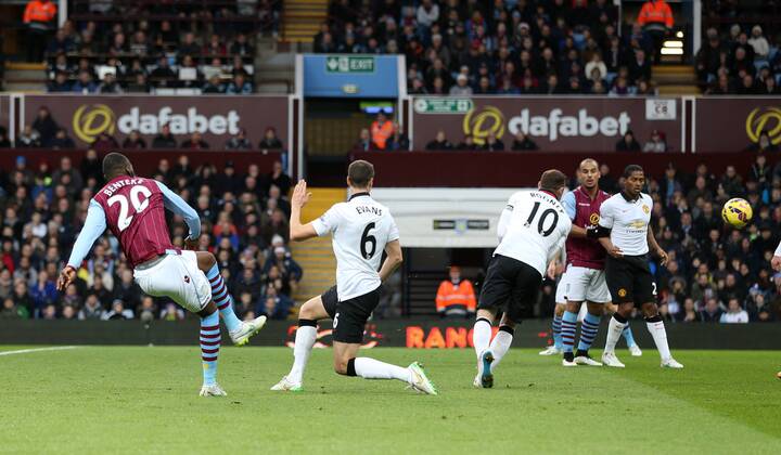 Aston Villa s Christian Benteke scoring his sides opening goal Barclays Premier League - Aston Villa vs Manchester United ManU - Villa Park - England - 19th December 2014 - Picture DavidKlein Sportimage EDITORIAL USE ONLY. No use with unauthorised audio, video, data, fixture lists, club league logos or live services. Online in-match use limited to 120 images, no video emulation. No use in betting, games or single club league player publications.
