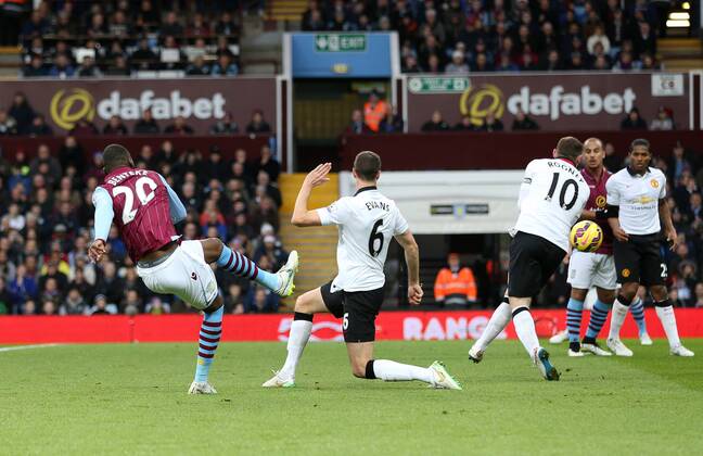Aston Villa s Christian Benteke scoring his sides opening goal Barclays Premier League - Aston Villa vs Manchester United ManU - Villa Park - England - 19th December 2014 - Picture DavidKlein Sportimage EDITORIAL USE ONLY. No use with unauthorised audio, video, data, fixture lists, club league logos or live services. Online in-match use limited to 120 images, no video emulation. No use in betting, games or single club league player publications.