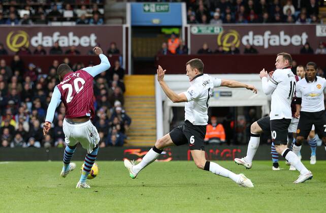 Aston Villa s Christian Benteke scoring his sides opening goal Barclays Premier League - Aston Villa vs Manchester United ManU - Villa Park - England - 19th December 2014 - Picture DavidKlein Sportimage EDITORIAL USE ONLY. No use with unauthorised audio, video, data, fixture lists, club league logos or live services. Online in-match use limited to 120 images, no video emulation. No use in betting, games or single club league player publications.