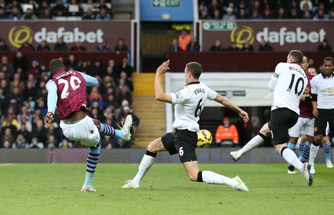 Aston Villa s Christian Benteke scoring his sides opening goal Barclays Premier League - Aston Villa vs Manchester United ManU - Villa Park - England - 19th December 2014 - Picture DavidKlein Sportimage EDITORIAL USE ONLY. No use with unauthorised audio, video, data, fixture lists, club league logos or live services. Online in-match use limited to 120 images, no video emulation. No use in betting, games or single club league player publications.