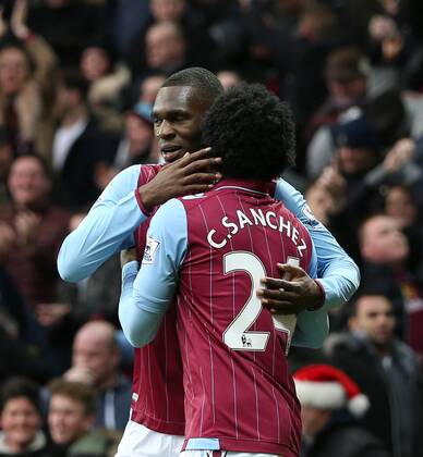 Aston Villa s Christian Benteke celebrates scoring his sides opening goal Barclays Premier League - Aston Villa vs Manchester United ManU - Villa Park - England - 19th December 2014 - Picture DavidKlein Sportimage EDITORIAL USE ONLY. No use with unauthorised audio, video, data, fixture lists, club league logos or live services. Online in-match use limited to 120 images, no video emulation. No use in betting, games or single club league player publications.