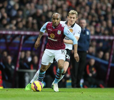 Fabian Delph of Aston Villa holds off Darren Fletcher of Manchester United ManU - Barclays Premier League - Aston Villa vs Manchester United Villa Park Stadium - Birmingham - England - 20th December 2014 - Picture SimonBellis Sportimage EDITORIAL USE ONLY. No use with unauthorised audio, video, data, fixture lists, club league logos or live services. Online in-match use limited to 120 images, no video emulation. No use in betting, games or single club league player publications.