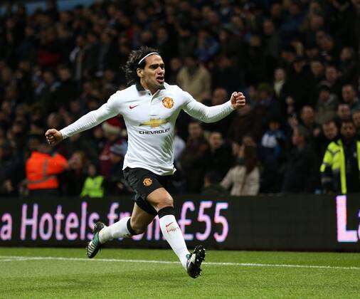 Manchester United ManU s Radamel Falcao celebrates scoring his sides opening goal Barclays Premier League - Aston Villa vs Manchester United - Villa Park - England - 19th December 2014 - Picture DavidKlein Sportimage EDITORIAL USE ONLY. No use with unauthorised audio, video, data, fixture lists, club league logos or live services. Online in-match use limited to 120 images, no video emulation. No use in betting, games or single club league player publications.