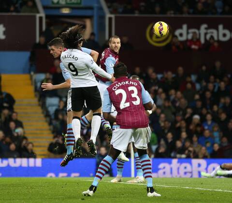 Manchester United ManU s Radamel Falcao scoring his sides opening goal Barclays Premier League - Aston Villa vs Manchester United - Villa Park - England - 19th December 2014 - Picture DavidKlein Sportimage EDITORIAL USE ONLY. No use with unauthorised audio, video, data, fixture lists, club league logos or live services. Online in-match use limited to 120 images, no video emulation. No use in betting, games or single club league player publications.