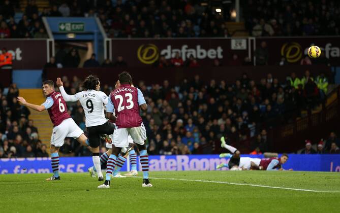 Manchester United ManU s Radamel Falcao scoring his sides opening goal Barclays Premier League - Aston Villa vs Manchester United - Villa Park - England - 19th December 2014 - Picture DavidKlein Sportimage EDITORIAL USE ONLY. No use with unauthorised audio, video, data, fixture lists, club league logos or live services. Online in-match use limited to 120 images, no video emulation. No use in betting, games or single club league player publications.